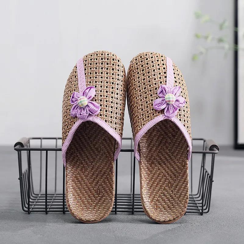 Summer Indoor Home Sandals and Slippers Non-slip Linen Summer Men and Women Couples Home Wood Floor Subgrass Woven Shoes