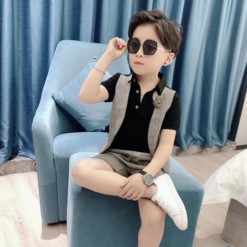 Baby Boy Short-sleeved Boy Suit Two-piece Western-style Dress Summer Boy Shirt Polo Catwalk Children's Clothing