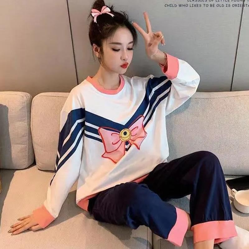 Spring and Autumn Women's Pajamas Set Cute Bow Printed Pajamas Set Plus Size Long Sleeves Outer Wear Casual Home Wear Two-Piece Set