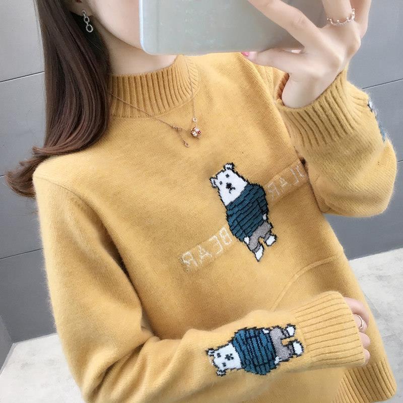 Autumn and Winter Half Turtleneck Sweater Loose Large Size Knitted Bottoming Shirt Jacquard Cute Style Female Top