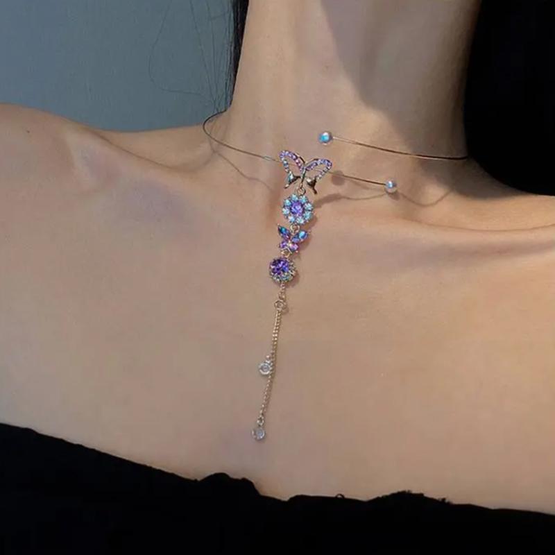 2PCS Purple Butterfly Pendant Necklace Gold Collar Clavicle Chain Neck Neckband Jewelry Gold Choker for Girls Personalized Ornaments Choker Necklaces