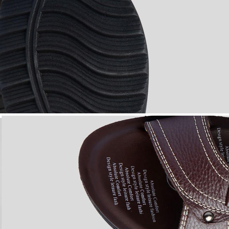 Men's Top Layer Leather Sandals Leather Summer Breathable Sandals Non-slip Men's Beach Shoes