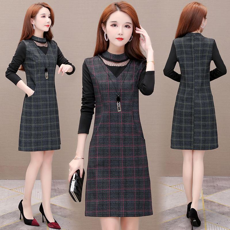 Women's Spring and Autumn Plus Size Dress Waist Was Thin Skirt Fashion Plaid Long-sleeved Dress