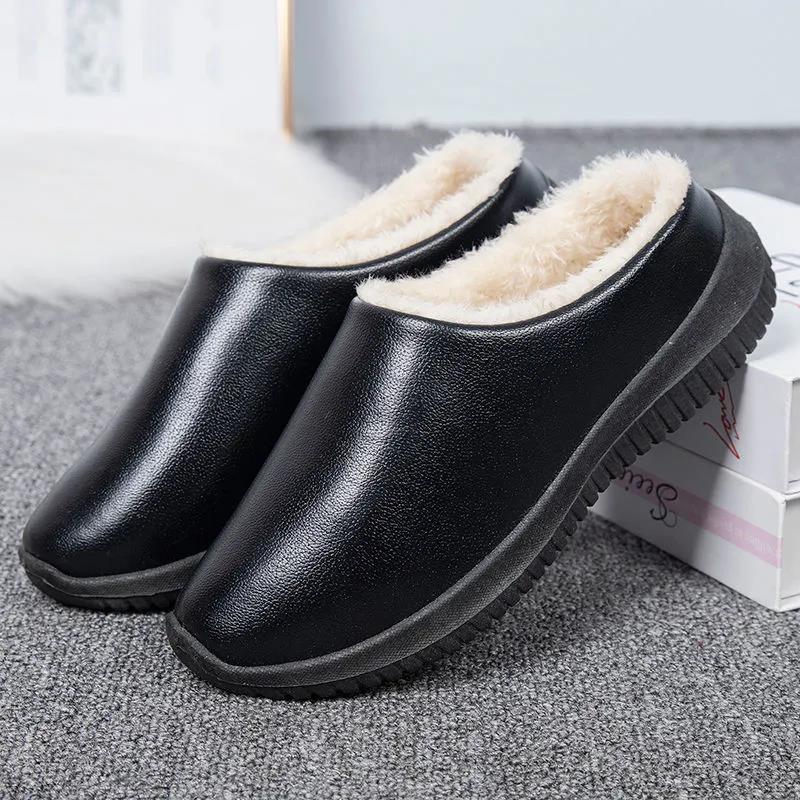 Women Unisex Winter Home Slippers Leather Waterproof Non Slip Slippers Plush Warm Indoor