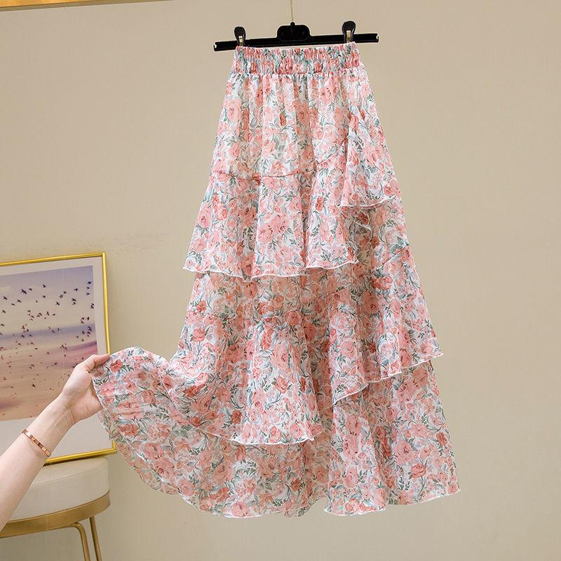 Half-length Skirt Summer Floral Irregular Ruffled Wild A-line Super Fairy Cake Skirt Female Layered Irregular Skirt Fabric Light and Breathable