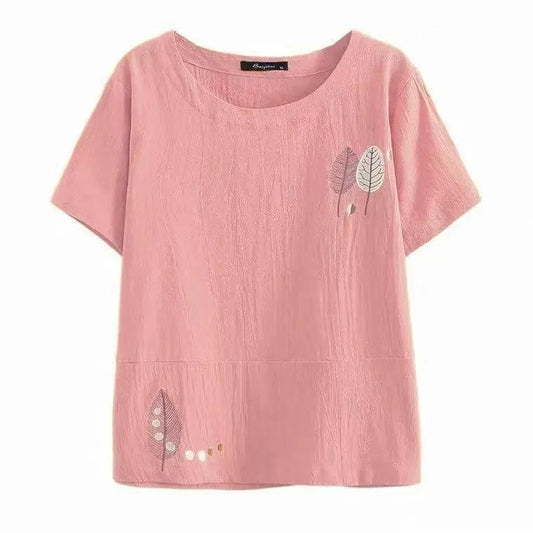 Cotton T-shirt Summer Literary Short-sleeved Women's Embroidered Large Size Stitching All-match Top