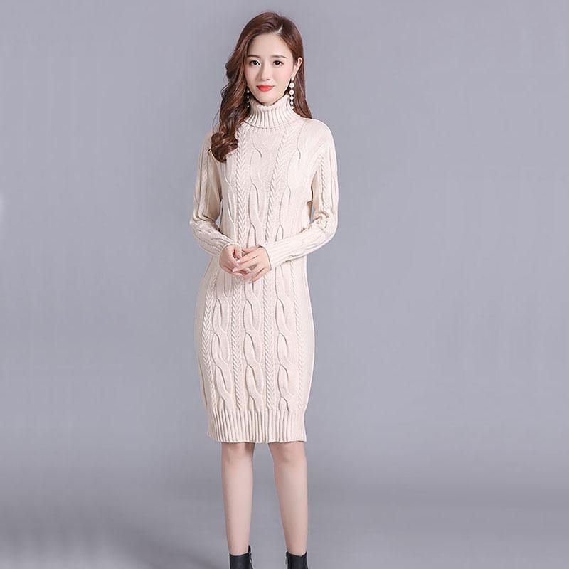 Sweater Women's Turtleneck Pullover Mid-length Knitwear Korean Pure Color Trending Sweater Dress Clothes Set Autumn and Winter