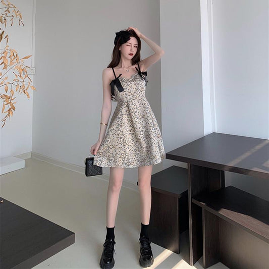 Female Summer Vintage Bow A-line Holiday Dress Slim Elegant Backless Little Fresh Print Party Dress