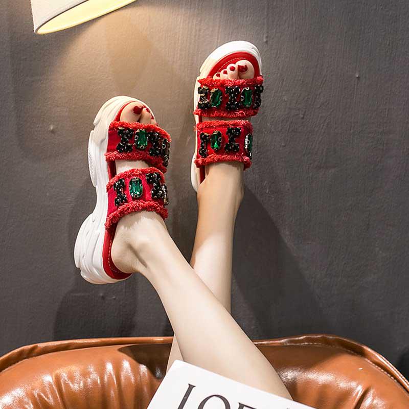 Size35-39 Summer Women Slippers Bohemian Beach Wear-resistant Non-slip Slippers Wedge Platform Rhinestone Sandals Outdoor Crystal High Heels