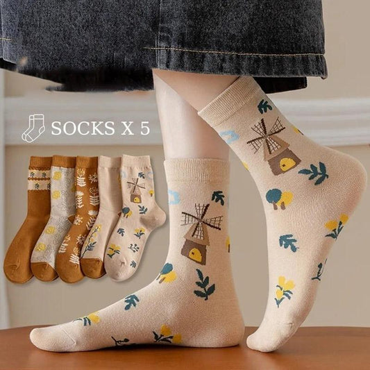 Five Pairs of Women's Socks Fashion Print Cartoon Pattern Socks Winter Thick Warm Pile Pile Socks