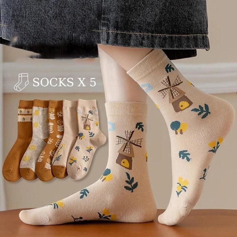 Five Pairs of Women's Socks Fashion Print Cartoon Pattern Socks Winter Thick Warm Pile Pile Socks