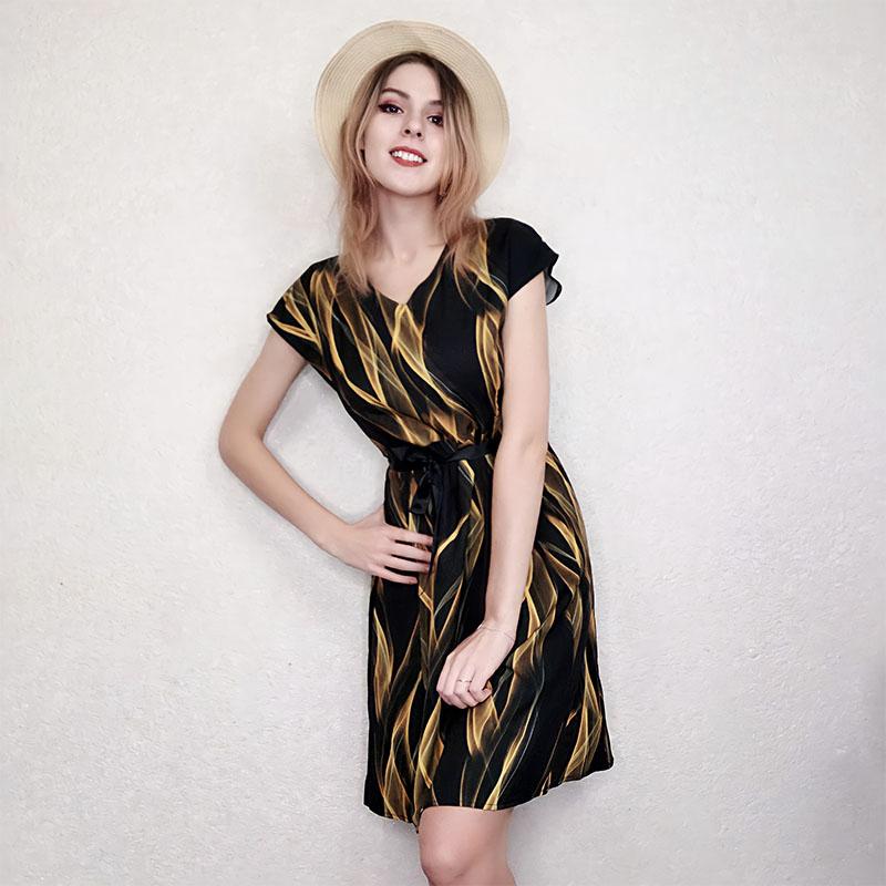 Imitation Silk Dress Female Mid-length Short-sleeved Summer New Style Small Striped Imitation Mulberry Silk Printed Skirt