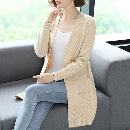 Autumn and Winter Wool Cardigan Sweater Large Size Medium and Long Loose Jacket Pure Color Simple Middle-aged Ladies Jacket