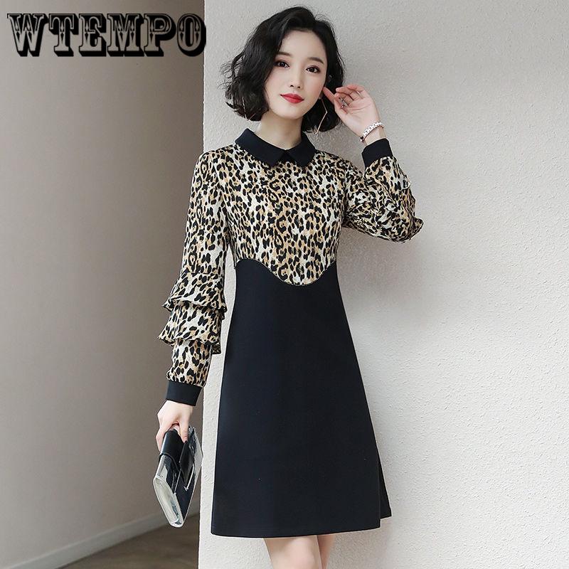 Leopard Ruffled Long Sleeve Dress Female 2019 Spring Fashion Doll Collar Long A Word Bottom Dresses