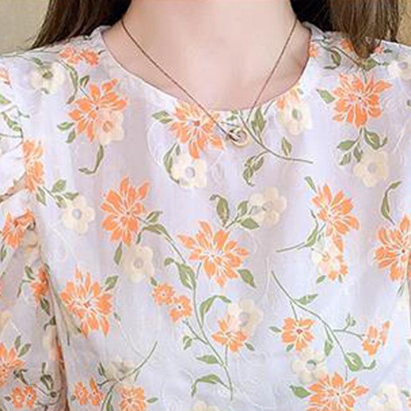 Summer Sweet Puff Sleeve Floral Shirt Women Loose Chiffon Shirt Top