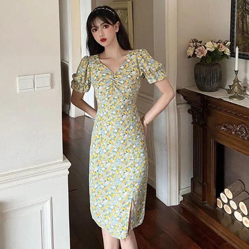 Women's Summer Long Dress Puff Sleeve Floral V-Neck Dress