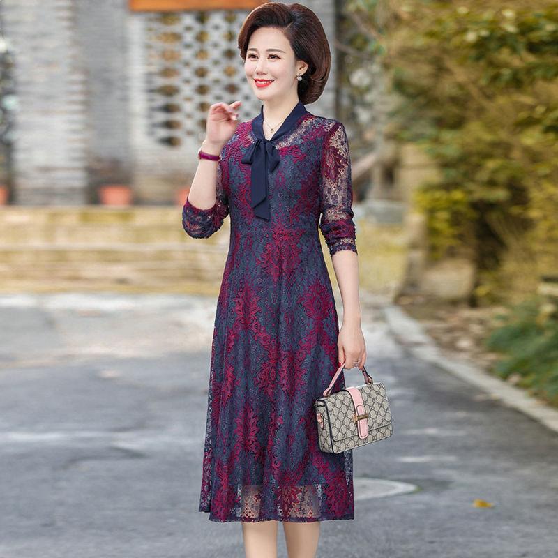 Spring Summer New Lace Dress Mid-length Over-the-knee Skirt Casual All-match Waist Waist Slim Long-sleeved Skirt