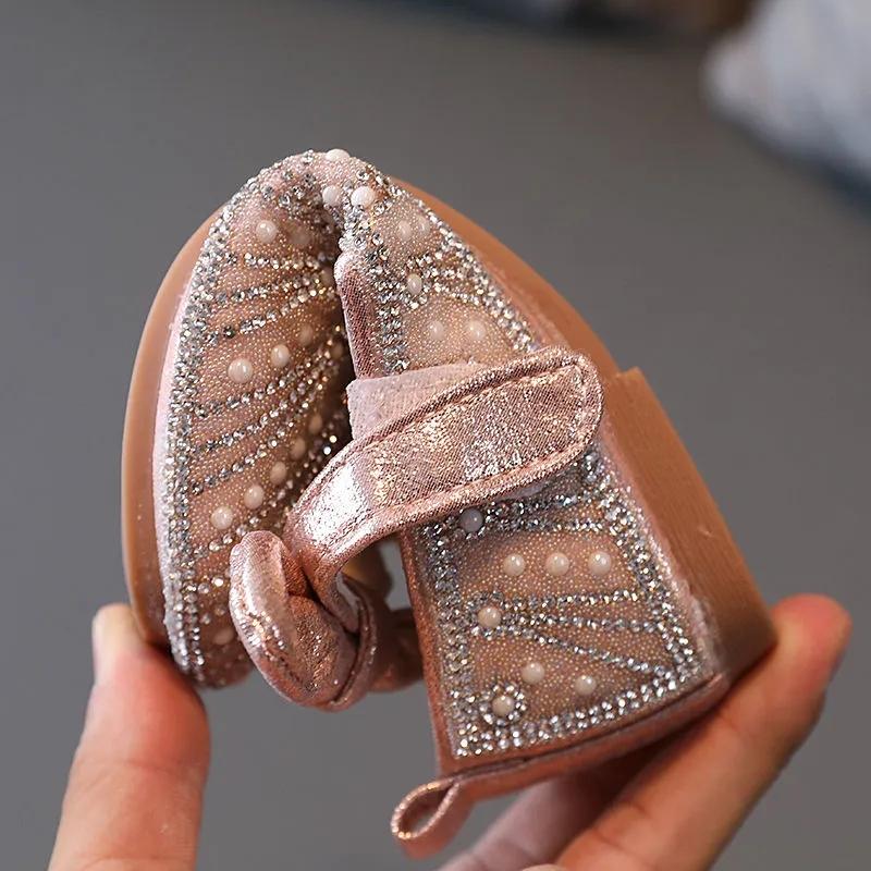 Spring and Summer Girls Princess Shoes Soft Soles Rhinestones Bow Shoes Children Little Girls Baby Dance Glass Shoes