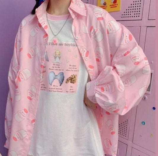Harajuku Clothing Pastel Lilac Strawberry Milk Pastel Lilac Button Up Shirt Harajuku Shirt Tumblr Shirt Lolita Shirt Cute Tee Milk Tee Shirt