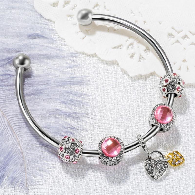 Pink Double Heart-shaped Beads Opening Bracelet Charm Bracelet Diy Beads Bracelet for Women Gift