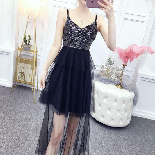 2020 Summer Dress Women's Leakage Back Sexy Sequin Dress Mesh Suspender Dress Super Fairy Cake Dress