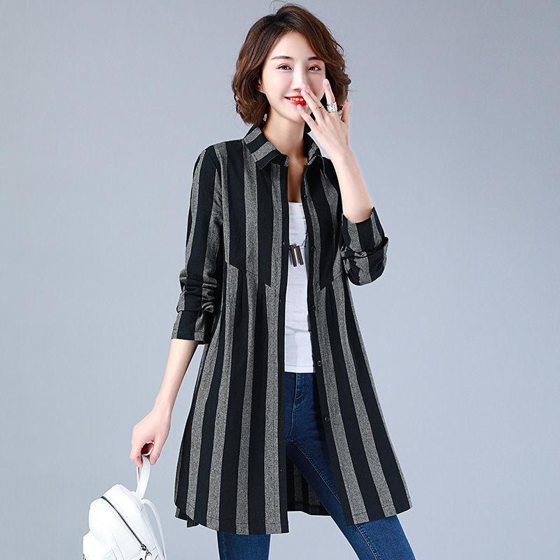 Long-sleeved All-match Plus Size Women's Striped Shirt Mid-length Shirt Temperament Top
