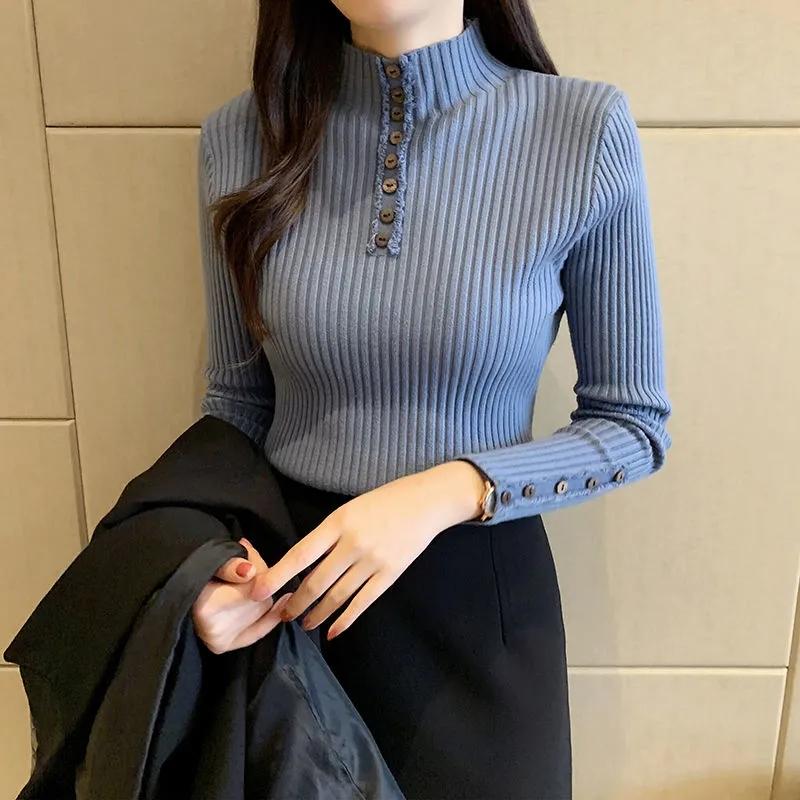 Women Pullover Sweater Button Decor Autumn Winter Half Turtleneck Slim Thick Knitting Sweater Soft Warm Jumper Basic Tops Bottoming Shirt White Black