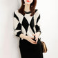 Women's Diamond Plaid Color Block Sweater Loose Casual Pullover Sweater O-neck Bottoming Sweater Outer Wear Autumn Winter Tops
