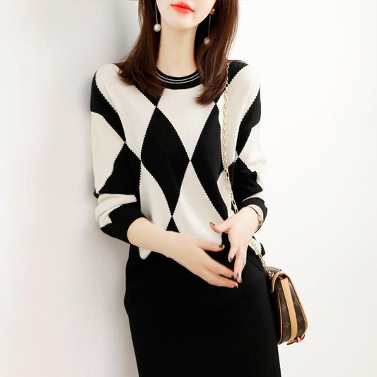 Women's Diamond Plaid Color Block Sweater Loose Casual Pullover Sweater O-neck Bottoming Sweater Outer Wear Autumn Winter Tops