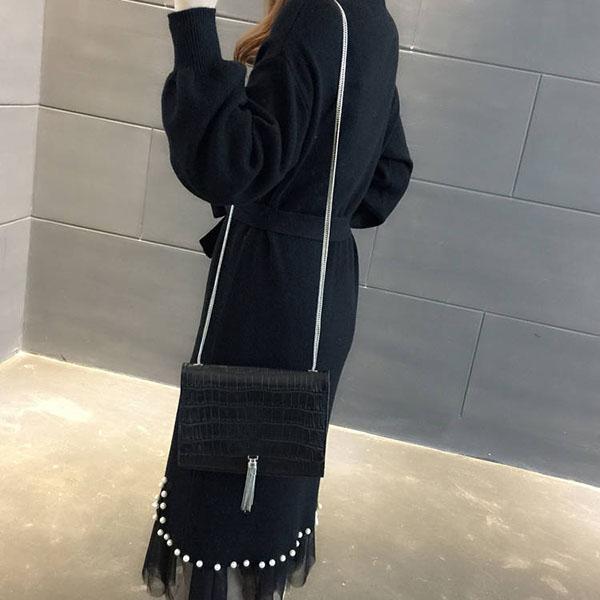 Women's Autumn and Winter Mid-length Half High Collar Pearl Two-piece Sweater Solid Color Mesh Splicing Belt Knitted Dress