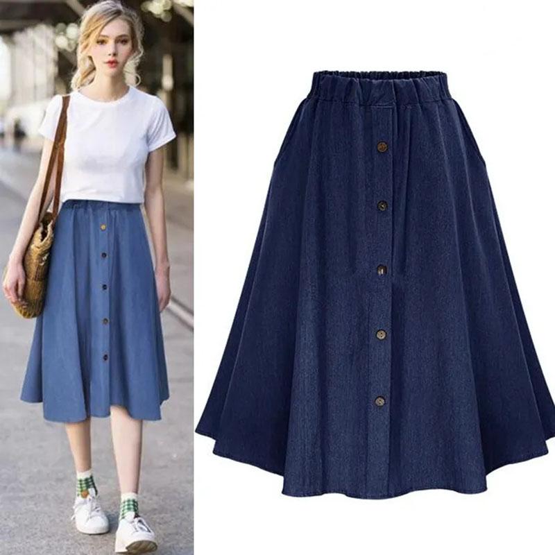 Woman Skirts Spring Summer Elastic High Waist A-line Denim Skirt Girl's Solid Color Loose Gothic Buttons Pockets Skirts