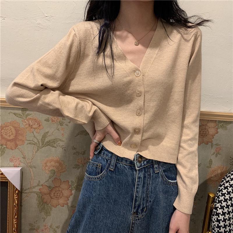 Spring and Autumn Style V-neck Cardigan Short Long Sleeve Top Jacket Thin Sweater Knitwear Women's Trend
