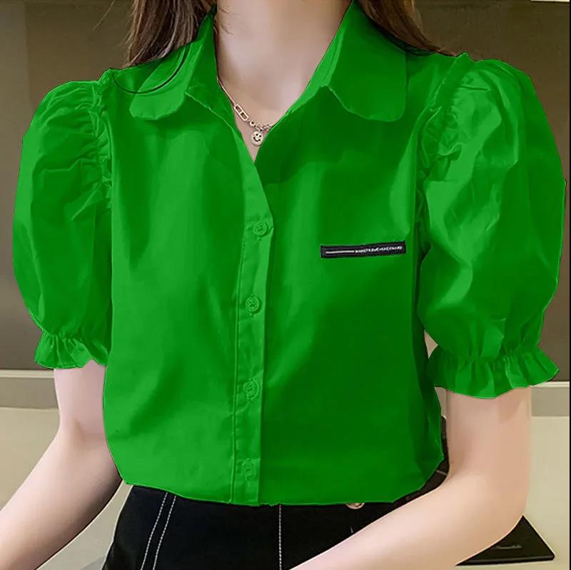 Summer Short Sleeve Women's Solid Color Puff Sleeve Polo Collar Shirt