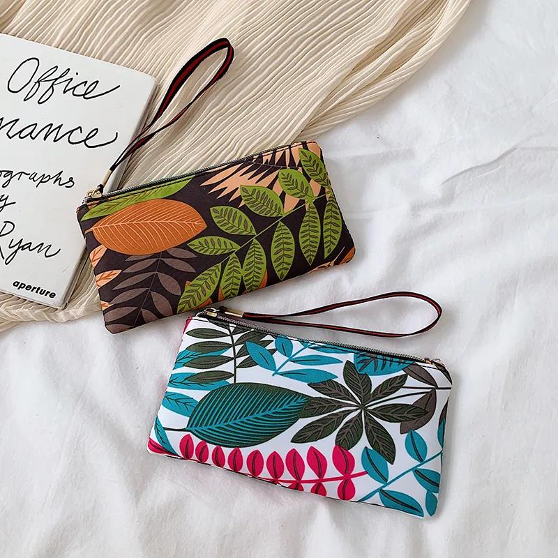 Women Clutches Printing Canvas Bag Portable Handbag Multi-Layer Wallets with Coin Pocket Zipper Purse