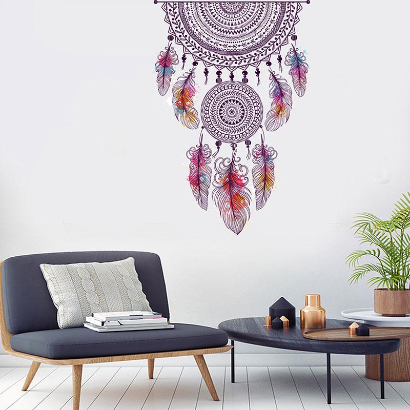 Retro Style Catch Monternet Dream Catcher Colorful Feather Wall Stickers Art Design For Living Room
