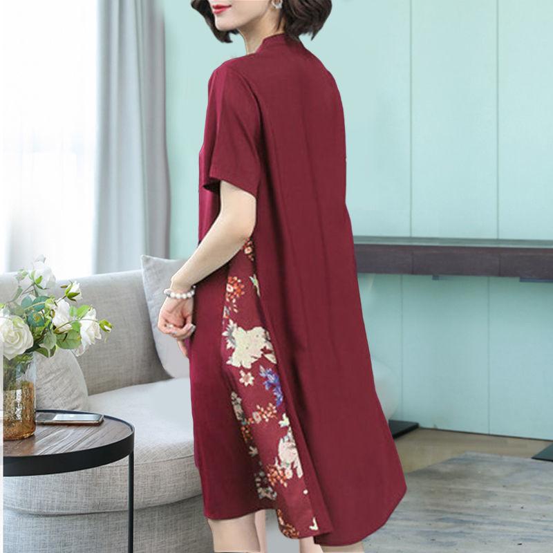 Summer Women's Dress Loose Large Size Retro Printed Skirt Simple Thin Short-sleeved V-neck Over-the-knee Skirt
