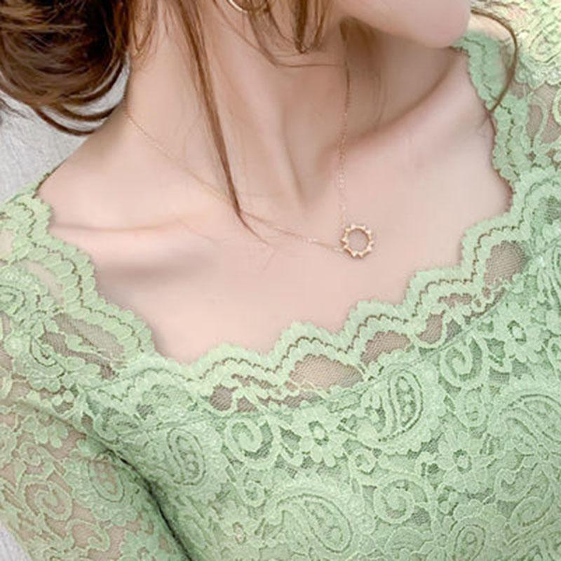 Women's Spring and Autumn Long Sleeve Lace Bottoming Shirt Square Collar Slim Top