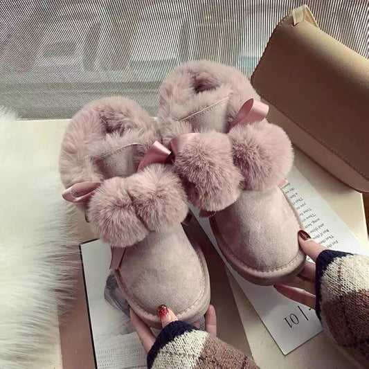 Hairball Snow Boots Women's Winter Thick-soled Wild Plus Velvet Cotton Shoes Non-slip Warm Boots