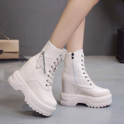Woman Leather Ankle Boots  Platform Boots Women Wedge Shoes Autumn Winter  Round Toe Lace-up  Inside Raised Martin Boots Ladies Shoes