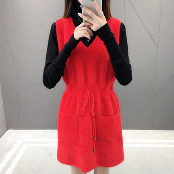 Autumn Mohair V-neck Sweater Skirt Knitting Versatile Sleeveless Vest Skirt Mid-length Casual Women's Vest Dress