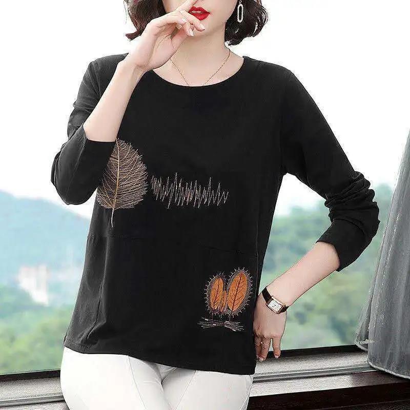 Women's Long-sleeved T-shirt Loose Round Neck Top Women Spring and Autumn Solid Color Bottoming Shirt