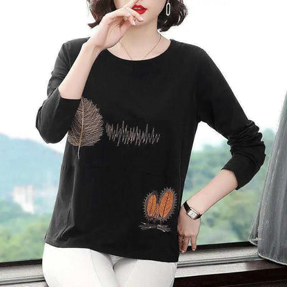 Women's Long-sleeved T-shirt Loose Round Neck Top Women Spring and Autumn Solid Color Bottoming Shirt