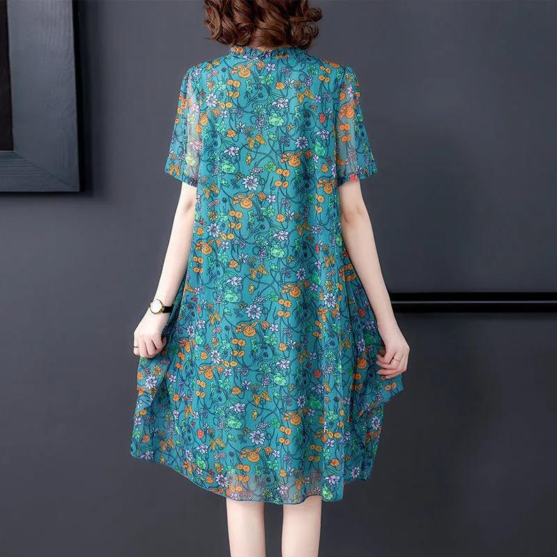 Summer Small Floral Mesh Mid-length Large Size Loose and Thin Short-sleeved Dress
