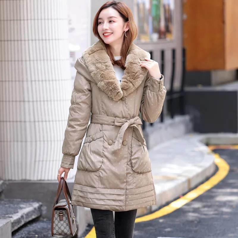 Real Rex Rabbit Fur Collar Hooded Mid-length Down Jacket Women Fashion Slim Belt White Duck Down Winter Jacket