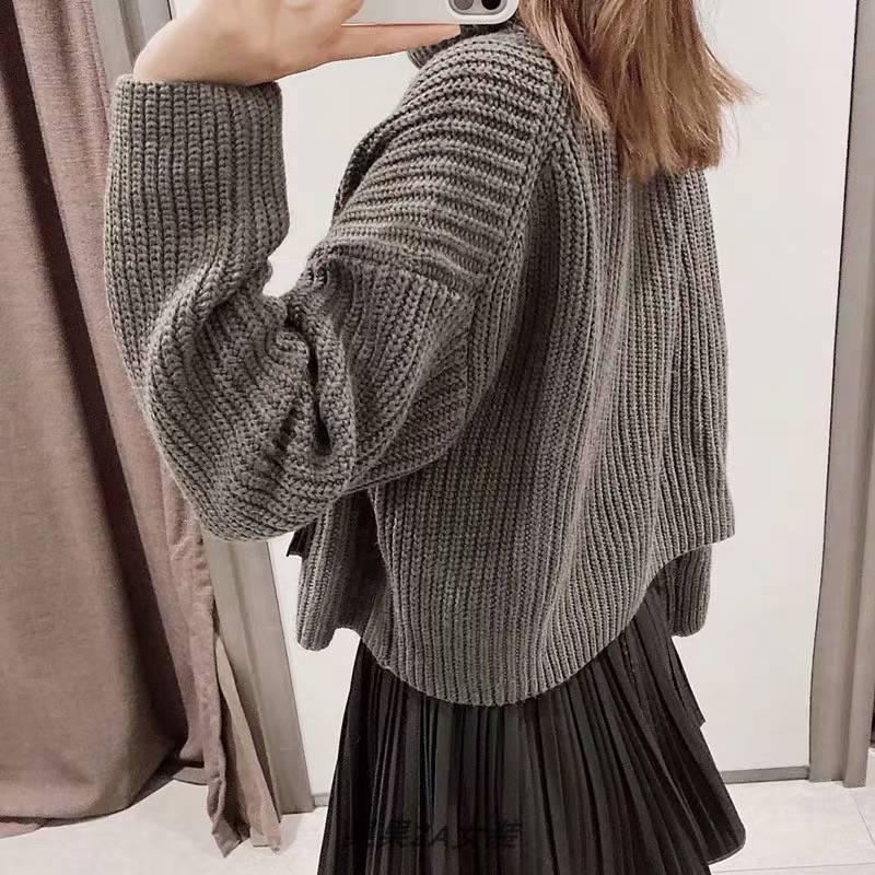 Lazy Wind Loose Head High Collar Women Knit Sweater Pure Black Double Pockets Lady Sweaters Casual