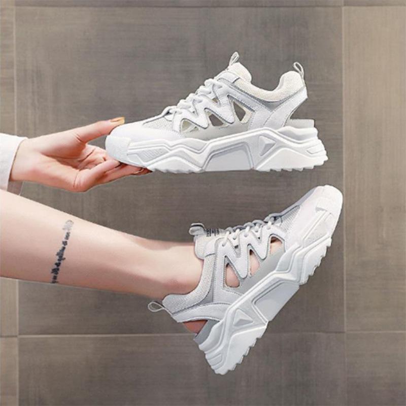 Hollow Dad Shoes Summer Models Breathable Solid Color High-heeled Women's Thick-soled Lace-up Casual Sports Shoes Women