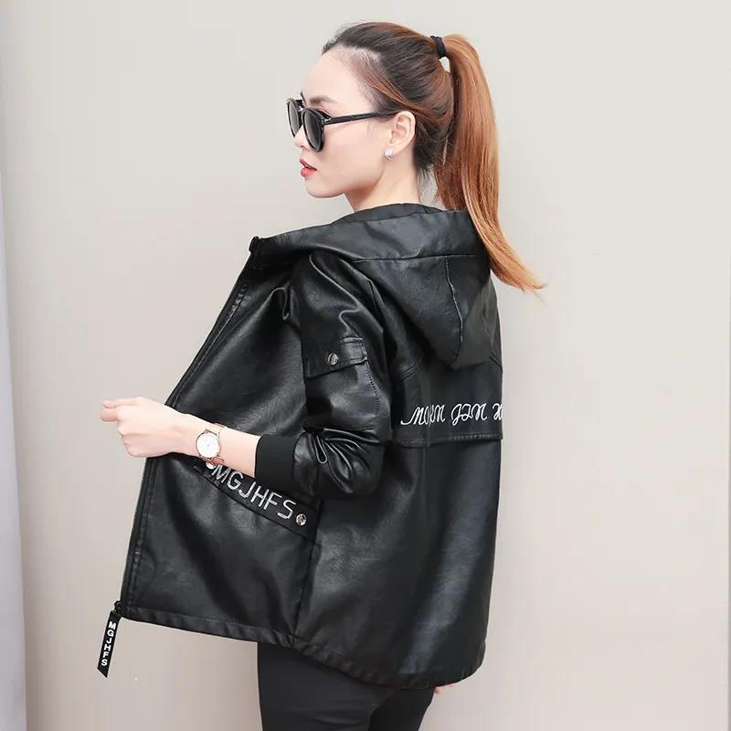 Autumn and Winter Fashion Slim Hooded Leather Ladies Short Jacket Pu Jacket Women's Motorcycle Jacket