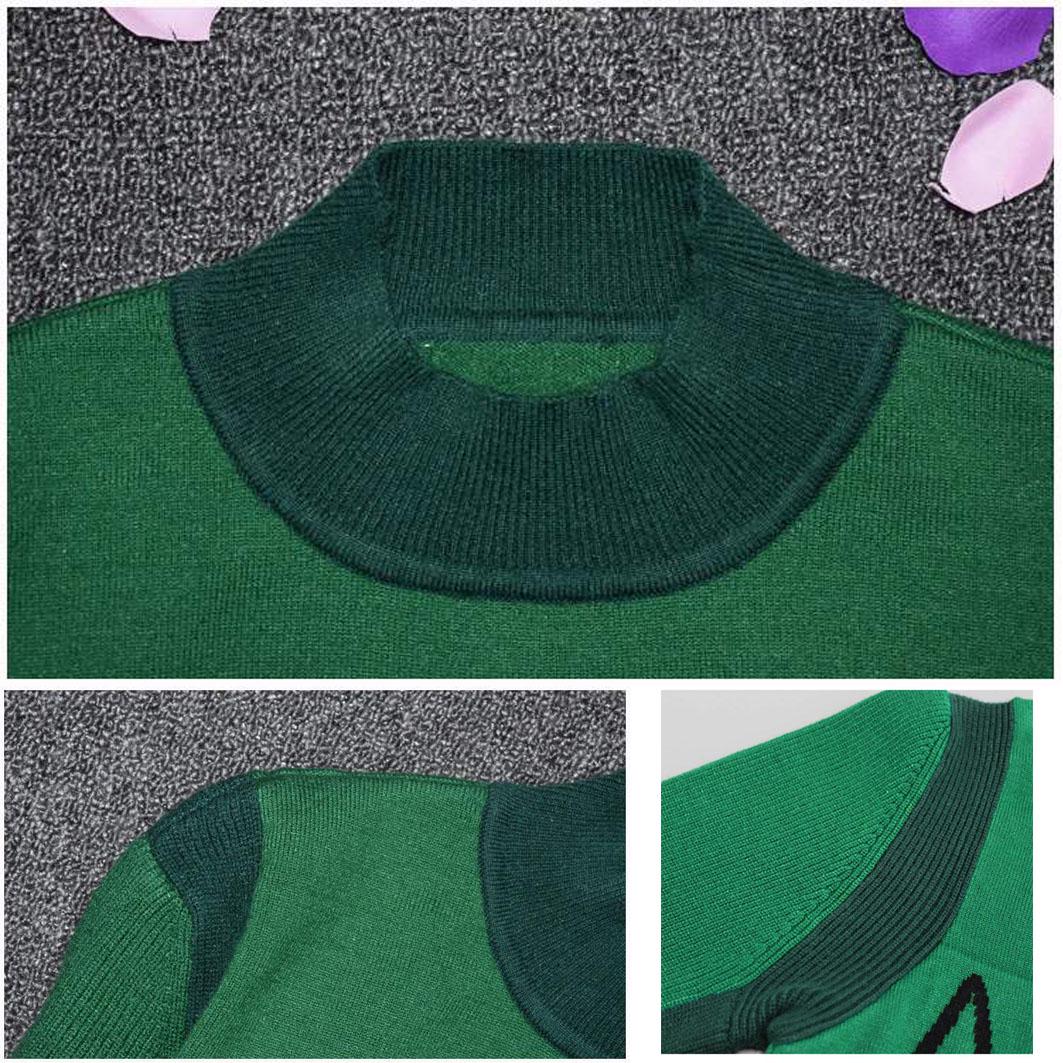 Green Pull Women Letter Patchwork Color Contrast Bottom Sweater Knitted O Neck High Waist Pullover