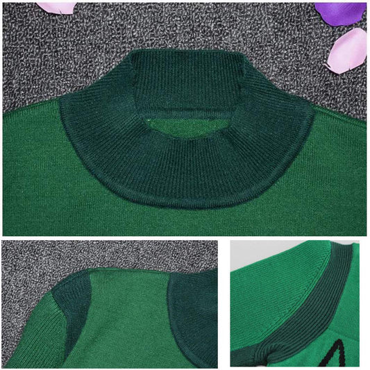 Green Pull Women Letter Patchwork Color Contrast Bottom Sweater Knitted O Neck High Waist Pullover