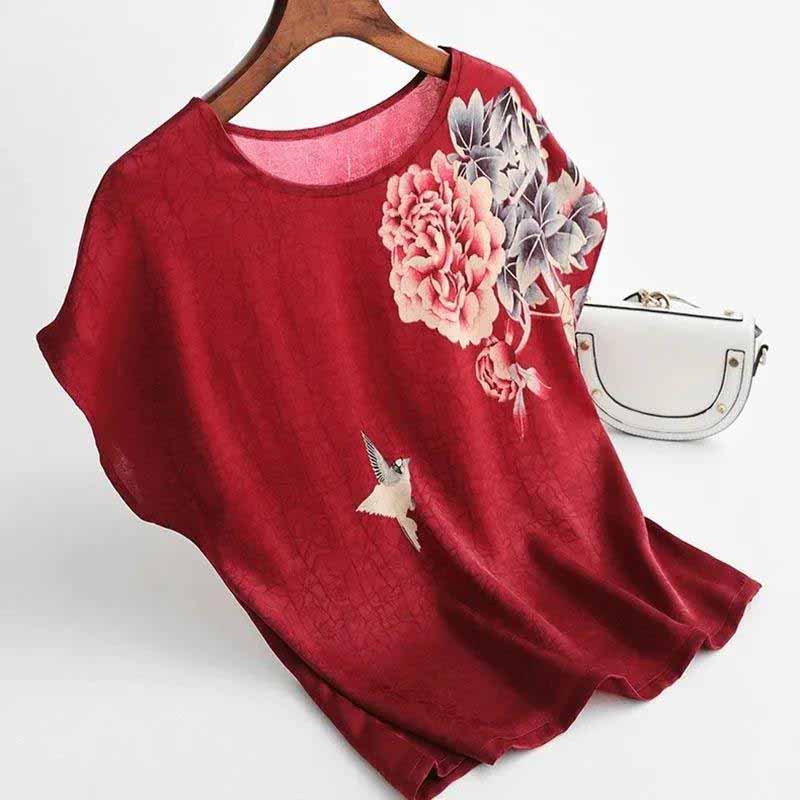 One-piece Printed Round Neck Top T-shirt Loose Short-sleeved Slimming Bottoming Shirt for Women Comfortable Cool and Breathable